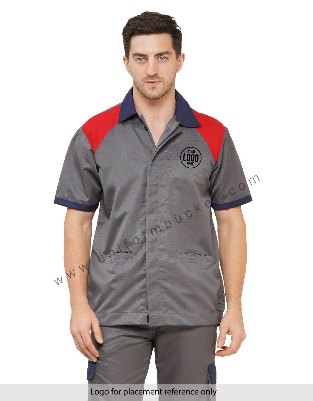 MALE WORKWEAR GREY SHIRT WITH RED FRONT YOKE & NAVY BLUE COLLAR view 1